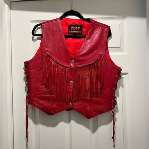 VINTAGE HOT LEATHERS Red Leather Fringe Vest With Silver Details